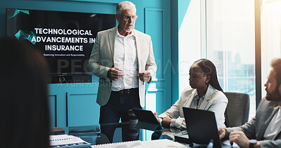 Buy stock photo Businessman, meeting and presentation with screen for insurance or machine learning at conference. Man, executive or discussion with team or technology display for business growth or AI project