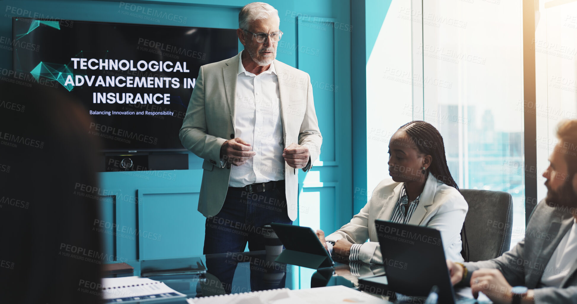 Buy stock photo Businessman, meeting and presentation with screen for insurance or machine learning at conference. Man, executive or discussion with team or technology display for business growth or AI project