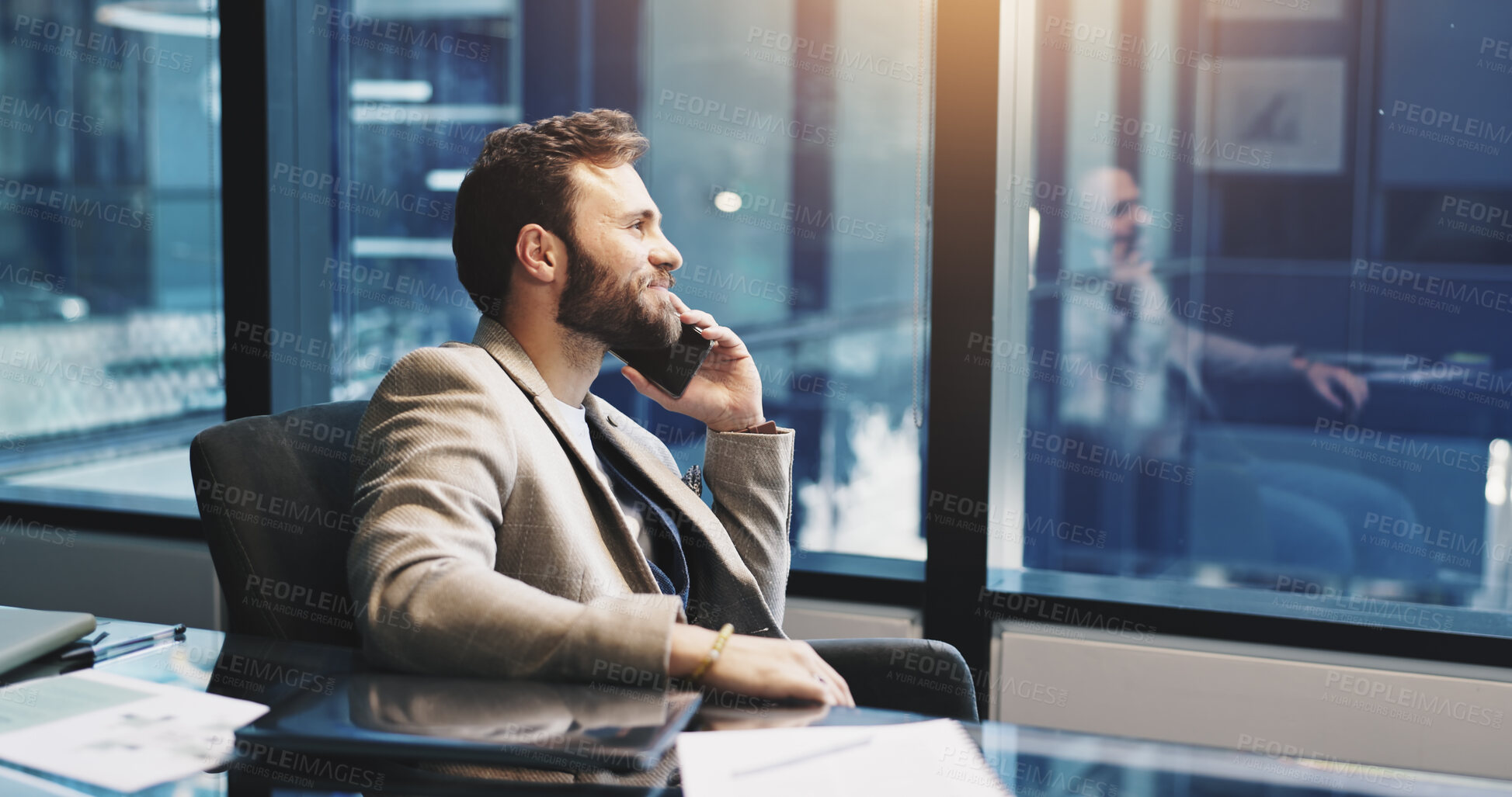 Buy stock photo Phone call, negotiation and businessman in office with communication, contact us or connectivity. Cellphone, smile and financial manager on mobile discussion for investment deal for corporate network