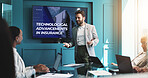 Businessman, meeting and presentation with screen for AI, future development or discussion at conference. Man, speaker or employee talking with team or technology display for technological insurance