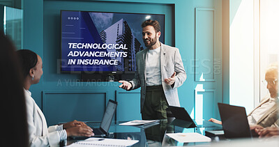 Buy stock photo Businessman, meeting and presentation with screen for AI, future development or discussion at conference. Man, speaker or employee talking with team or technology display for technological insurance