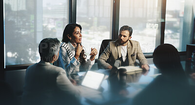 Buy stock photo Meeting, woman and collaboration with colleagues, boardroom and discussion for stats, team and company. Corporate, employees and people with info for business, planning and communication for updates