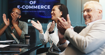 Buy stock photo Applause, meeting and business people in boardroom with congratulations, achievement or celebration. Discussion, clapping hands and team of corporate distributors with ecommerce planning in office.