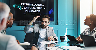 Buy stock photo Businessman, meeting and presentation with screen for project discussion, insurance or machine learning. Man, speaker or employee with team or technology display for business growth or AI development