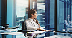 Business, woman and thinking by window in office for investment decision, company vision and reflection. Finance manager, employer and thoughtful by desk with financial insight or funding opportunity