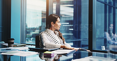 Buy stock photo Business, woman and thinking by window in office for investment decision, company vision and reflection. Finance manager, employer and thoughtful by desk with financial insight or funding opportunity