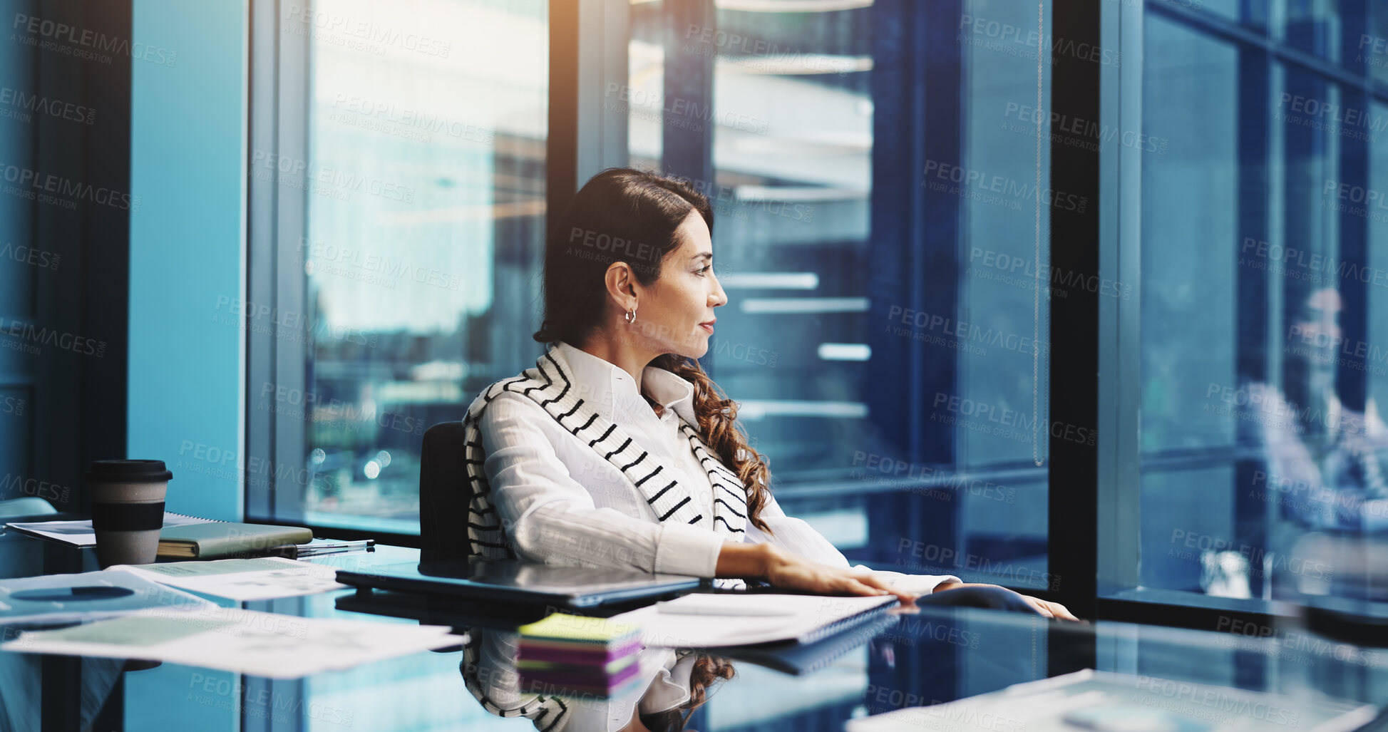 Buy stock photo Business, woman and thinking by window in office for investment decision, company vision and reflection. Finance manager, employer and thoughtful by desk with financial insight or funding opportunity