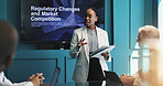 Woman, presentation and meeting with screen for marketing strategy, competitive analysis or changes. Female person, employee or speaker with team or documents for discussion, ideas or online services
