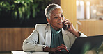 Corporate, woman and laptop with phone call in office for discussion, schedule update and finance report. Mature person, mobile and information for proposal feedback, investment offer and negotiation