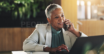 Buy stock photo Corporate, woman and laptop with phone call in office for discussion, schedule update and finance report. Mature person, mobile and information for proposal feedback, investment offer and negotiation