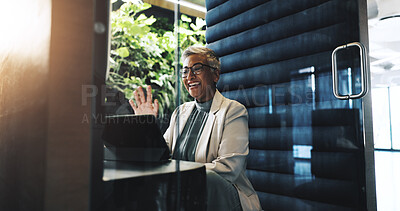Buy stock photo Mature woman, business and tablet with video call in office of discussion, schedule update and finance report. Accountant, person and proposal for feedback, investment offer and negotiation in booth
