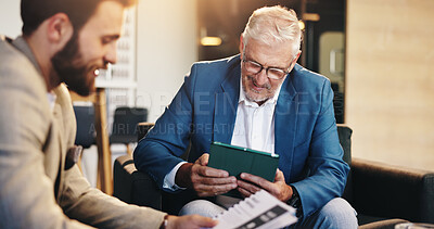 Buy stock photo Discussion, meeting and tablet with business men in lobby of office for collaboration or proposal. Documents, smile and presentation with employee in workplace for partnership, report or research