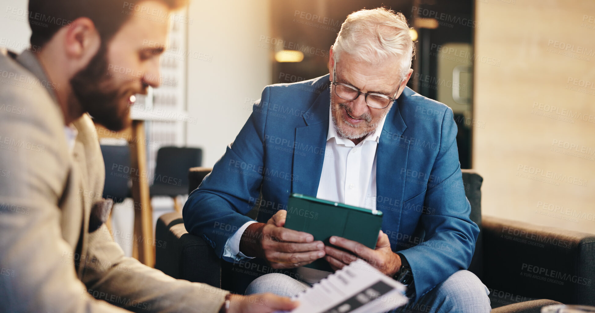 Buy stock photo Discussion, meeting and tablet with business men in lobby of office for collaboration or proposal. Documents, smile and presentation with employee in workplace for partnership, report or research