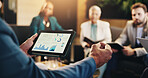 Business data, hands and meeting with tablet screen for corporate revenue, budget performance or stats analysis. Closeup, investors and graphs for financial forecasting, sales discussion and feedback