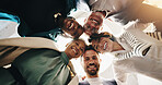 Below, circle and portrait of business people in office for teamwork, collaboration and solidarity. Professional workers, corporate and men and women huddle for celebration, support and partnership