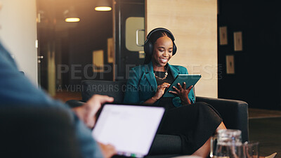 Buy stock photo Headphones, smile and tablet with business woman in lobby of airport for international travel. Music, research and waiting with happy employee in terminal for global flight as passenger for trip