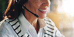 Mic, mouth or woman in customer service for call center consulting, loan faq and online advice. Closeup, advisor or sales agent talking in agency for telemarketing, finance help and communication