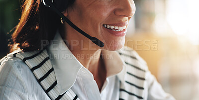 Buy stock photo Mic, mouth or woman in customer service for call center consulting, loan faq and online advice. Closeup, advisor or sales agent talking in agency for telemarketing, finance help and communication