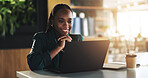 Professional, woman and reading on laptop in cafe with business proposal, startup funding application and solution. Entrepreneur, black person and happy with technology in restaurant for remote work