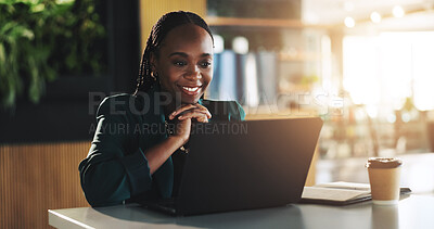 Buy stock photo Professional, woman and reading on laptop in cafe with business proposal, startup funding application and solution. Entrepreneur, black person and happy with technology in restaurant for remote work