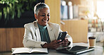Office, business woman and smile with phone for message, research or online results. Tablet, cafeteria and mature editor with digital tech for reading article, blog and info with idea in lobby
