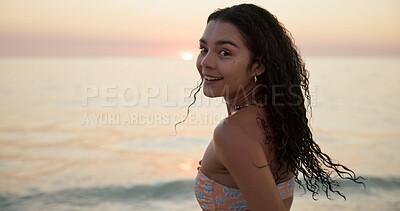 Buy stock photo Happy, ocean and portrait of woman on beach for tropical vacation, getaway or holiday. Smile, outdoor and female person from Mexico by sea waves for weekend trip with peace and calm in evening.
