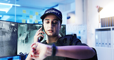 Buy stock photo Security, control room and woman with phone call, time and contact report at computer screen. CCTV, night surveillance and officer checking watch, communication and intelligence at command center