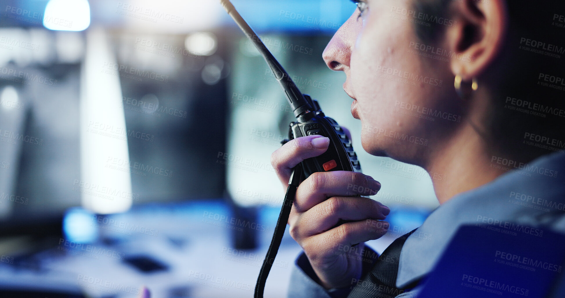 Buy stock photo Security, control room and woman at computer screen with radio, information and contact. CCTV, night surveillance and safety officer with wireless communication, intelligence report or command center