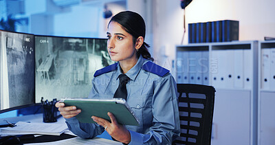 Buy stock photo Security guard, watching and woman with tablet, cctv screen or footage  in night shift for video surveillance. Camera, monitor or safety person with communication in control room for protection