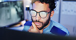 Night, footage and security guard with computer, man and monitoring of danger with tech and safety. Watching, video and person with glasses in control room, protection and serious for observation
