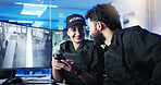Happy people, security guard and night with phone for surveillance or supervision at protection agency. Man, woman or officers working late with smile on mobile smartphone for safety in control room