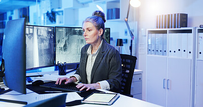 Buy stock photo Security, bodyguard and woman on computer for surveillance, investigation and protection service. Law enforcement, screen and mature person with monitor for safety, observation and inspection