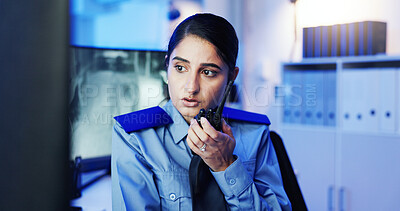 Buy stock photo Security, radio and woman in control room talking for surveillance, investigation and protection service. Law enforcement, communication and person on computer for safety, inspection and contact