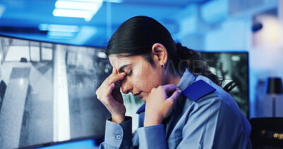 Buy stock photo Headache, security guard and woman with pain, frustrated or cctv screen in night shift for safety. Fatigue, eye strain or person with video surveillance in control room for overtime protection agency