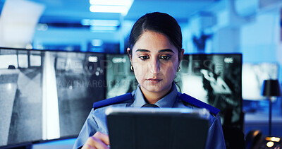 Buy stock photo Security guard, thinking and woman with tablet, safety and cctv screen footage for night shift for video surveillance. Camera, monitor or person with communication in control room for protection