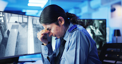Buy stock photo Fatigue, security guard and woman with pain, burnout or cctv screen on night shift for safety. Headache, eye strain or person with video surveillance in control room for overtime protection agency