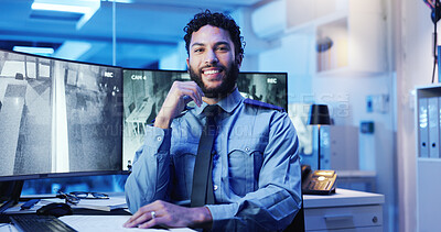 Buy stock photo CCTV, portrait and tablet with man in office at night for monitoring, protection or safety. Dispatch, law enforcement and surveillance with happy officer in workplace for agency or government career