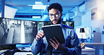 CCTV, security and tablet with man in office at night for monitoring, protection or safety. Dispatch, law enforcement and surveillance with officer in workplace for agency or government career