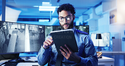Buy stock photo CCTV, security and tablet with man in office at night for monitoring, protection or safety. Dispatch, law enforcement and surveillance with officer in workplace for agency or government career