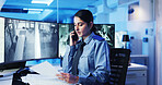 Security, control room and woman at computer screen with phone call, documents and contact. CCTV, surveillance and safety officer with night, communication and intelligence report at command center