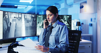 Buy stock photo Security, control room and woman at computer screen with phone call, documents and contact. CCTV, surveillance and safety officer with night, communication and intelligence report at command center