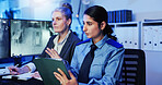 Women, security guard or tablet with surveillance for observation, building coverage or safety check at office. Female people, officer or investigator with technology for suspect at protection agency