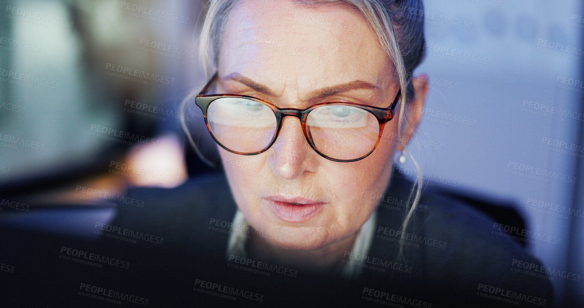 Buy stock photo Business, glasses and woman in office, reflection and serious with coding, software update and deadline. Mature person, programmer and employee in workplace, eyewear and problem solving with decision