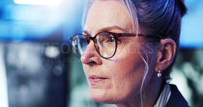 Buy stock photo Footage, government and night with woman in office for intelligence, security or surveillance. Live feed, monitoring and watching with mature employee in CCTV control room for crime prevention