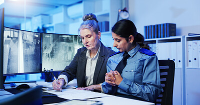 Buy stock photo Woman, writing and security surveillance with documents for suspect at protection agency. Female person, paperwork and monitor with information for private investigation, report or safety measure
