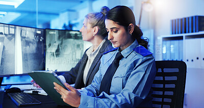 Buy stock photo Woman, security guard and tablet with surveillance for building coverage or safety check at office. Female person, officer or monitor with technology for observation or control at protection agency