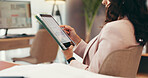 Investor, hands or businesswoman on tablet for stock market update, economy news or finance charts. Growth report, screen or financial analyst on technology for graphs, research or investment data