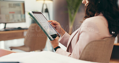 Buy stock photo Investor, hands or businesswoman on tablet for stock market update, economy news or finance charts. Growth report, screen or financial analyst on technology for graphs, research or investment data