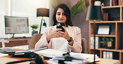 Buy stock photo Phone, remote work and smile with woman in home office for account manager, financial advisor and communication. Virtual consultant, client portfolio and update with person for contact and email