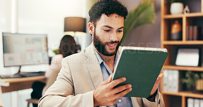 Buy stock photo Tablet, research and scroll with man in small business for account manager, financial advisor or communication. Virtual consultant, client portfolio and update with person for contact and email